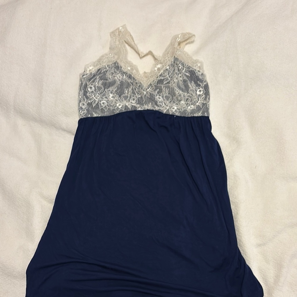 Elegant Lace Trimmed Navy Nightgown